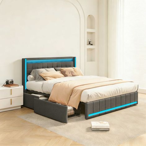 Letto contenitore 140x200 cm con LED e USB Type-C, letto imbottito con rete a doghe, testiera moderna, spazio contenitore integrato