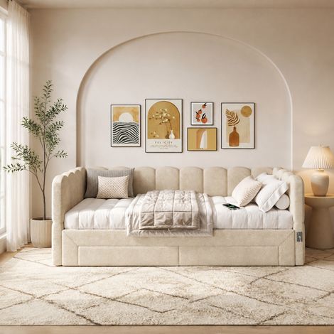 Sofá cama 90x190 cm de tela chenilla beige, extensible, sin colchón FloraGrace (1/5)