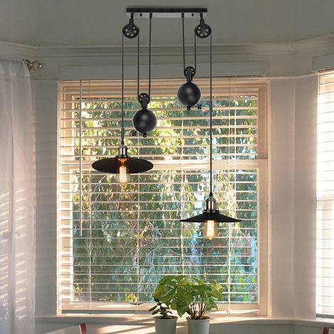 Lampada a Sospensione Vintage, 2 Luci Industriale Stile Lampadario da Soffitto Regolabile, Illuminazione a Puleggia in Ferro Edison E27 per Cucina Isaland Camera da Letto (Nero) (1/5)