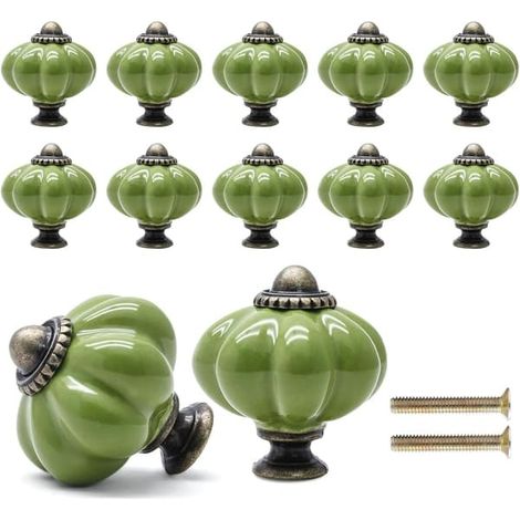 Lot de 12 boutons de tiroir en céramique vert sauge en forme de citrouille, style rétro, pour coiffeuse. Lot de 8 boutons vert sauge. (1/5)