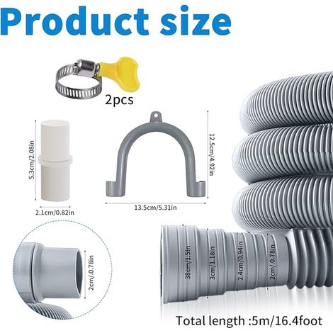 Washing Machine Drain Hose, 5M RV Sewage Hose Extension Hose with U-Hook, Adapter and Clamps for Caravan, Tumble Dryer, Dishwasher (1/4)