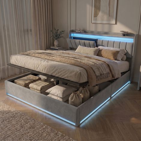 Lit coffre 160x200 cm en velours, lit double adulte avec Éclairage LED RGB, tête de Lit multifonction avec rangement et station de charge USB, Gris