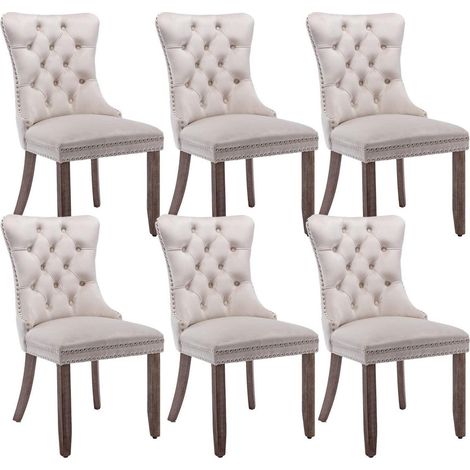 Esszimmerstühle 6er Set Samt Beige mit hoher Rückenlehne und Massivholzbeinen (1/5)