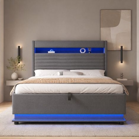 Polsterbett 140x200 cm mit LED, USB Typ-C und Stauraum, Grau (1/5)