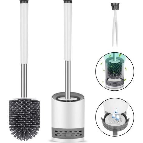 Brosse WC - Tete En Silicone TPR - Manche Allonge En Acier Inoxydable Et PP - Support Mural Ou Autonome - Seche-Rapide Avec Tiroir D'Evacuation D'Eau - 1 Unite (1/5)