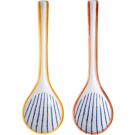 2 cuillères à soupe en céramique, manche long et incurvé, porcelaine sous-glacée, idéales pour nouilles, wontons et riz
