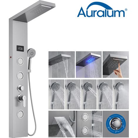 Auralum Columna de Ducha Hidromasaje con LEDs Luces, 5 Functiones Panel de Ducha de Acero Inoxidable, Ducha de lluvia, Ducha de Mano, Cascada, Ducha de Masaje(SPA)