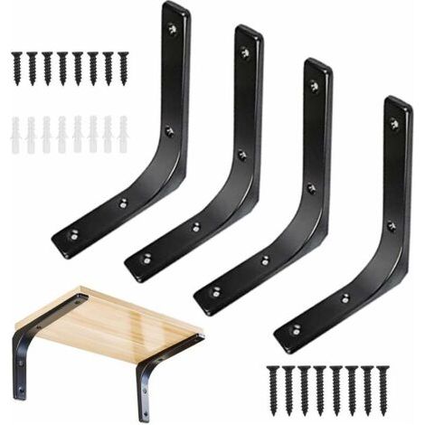 4pcs Équerre pour Étagère Murale Noire Support d’Étagère en Métal Équerre de Fixation Murale Equerre Murale en Forme de L pour Meubles Décoration Connexion avec Vis 150 125mm, Charge Max 80 kg (1/5)