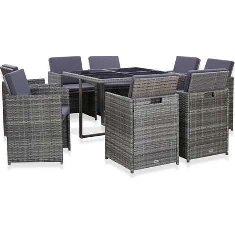 Salon de jardin 9 pcs avec coussins Résine tressée Anthracite 3 (1/5)