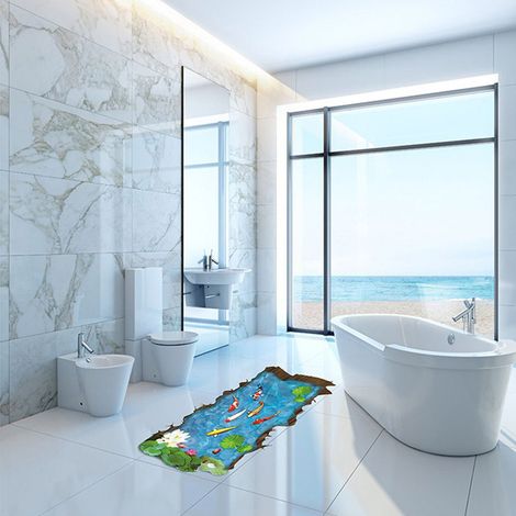 Autocollant mural 3D étang lotus poisson stéréoscopique, déco intérieure fond boutique, sticker sol mural panoramique XH92193D (1/3)
