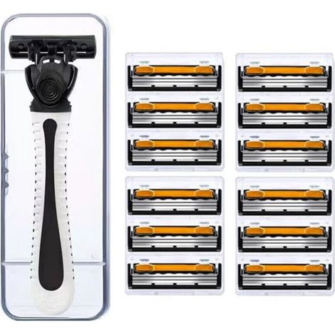 Rasoir homme 3 lames rechargeable - 12 têtes orange/noir + manche ergonomique gris pour peau normale/sensible/sèche + boîte rangement - Cadeau Noël/Fêtes/Pères/Anniversaire (Kit complet) (1/5)