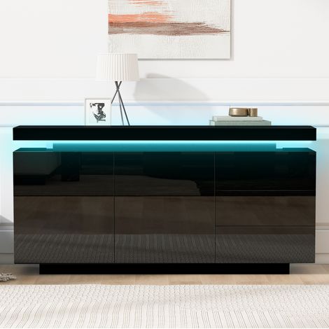 Sideboard, 140x38x72 cm, mit LED-Beleuchtung per App, 2 Türen und 3 Schubladen, Spanplatte, Schwarz (1/5)