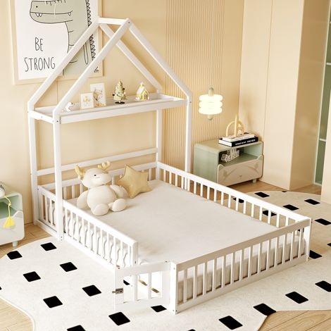Letto per bambini in legno massello bianco 140x200 cm con rete a doghe, tetto indipendente e spazio contenitivo