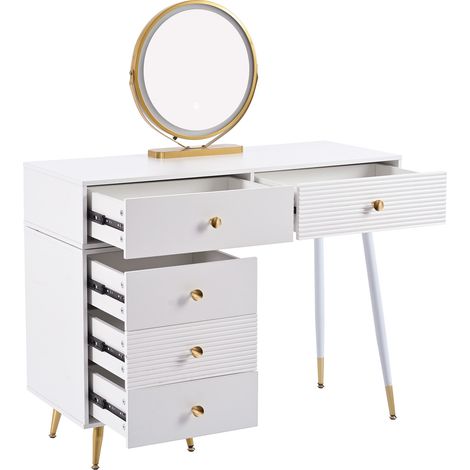 Tavolo da Trucco 100x78x40 cm, Specchio, con illuminazione Regolabile e 5 Cassetti, MDF, Bianco, per camera (1/5)