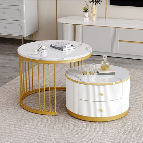 Table basse lot de 2 en MDF blanc effet marbre brillant, ronde 60 cm, avec 2 tiroirs (1/5)
