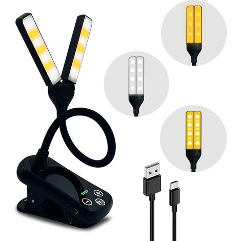 Mini-Leselampe mit zwei Leuchtenköpfen für Schüler, wiederaufladbare Schreibtischlampe mit Klemme, Augenschutz, Touch-Steuerung, 3 einstellbare Farbtemperaturen, variable Helligkeit, einstellbarer Bel