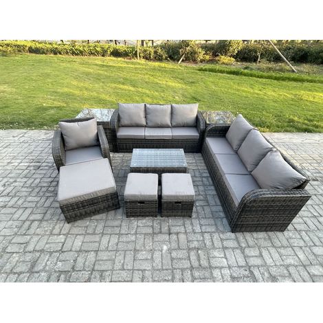 Fimous 10-Sitzer Rattan Lounge Sofa Set Gartenmöbel-Set mit Rechteckiger Couchtisch 3-Sitzer Sofa 3 Hockern 2 Beistelltischen Dunkelgrau Gemischt (1/5)