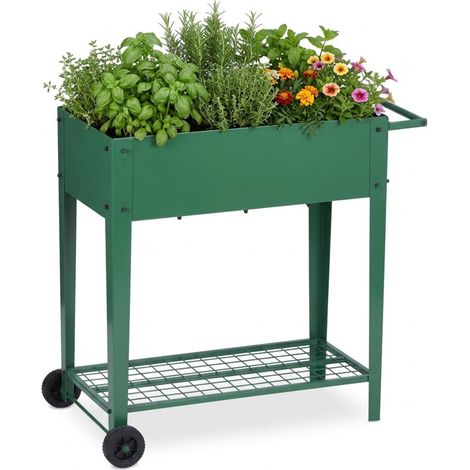 Relaxdays Aiuola rialzata, ripiano, ruote, giardino, balcone e terrazza, AxLxP: 80 x 85 x 50 cm, aiuola mobile, verde