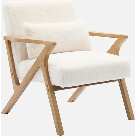 Poltrona scandinava in legno di hevea e tessuto effetto pelliccia sintetica