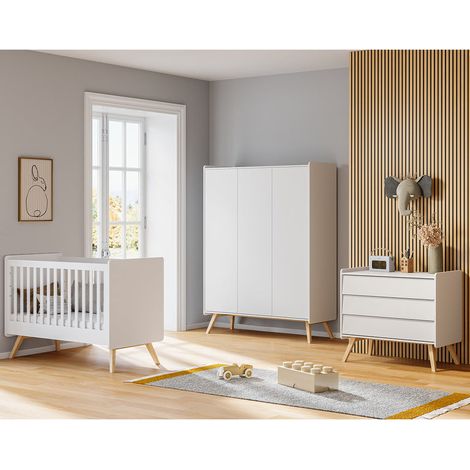Komplettes Zimmer Babybett 60x120 Wickelkommode und 3-türiger Schrank Vox Vintage Weiß und Holz (1/5)