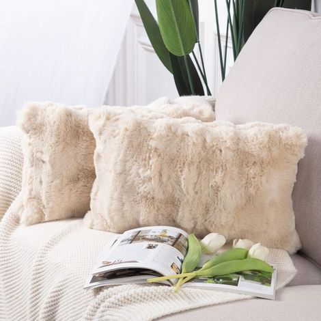 Set mit 2 luxuriösen Dekokissenbezügen aus weichem, kurzem Wollfleece für Sofa und Schlafzimmer, Hellbeige, 30 x 50 cm.