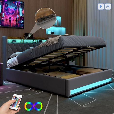 REDOM Letto contenitore 160x200 cm con LED, porte USB e prese, testiera con mensola, rete a doghe, velluto grigio (Senza materasso)