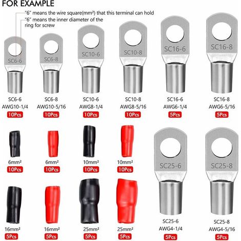 120 Pièces Cosse à Sertir Kit Cosses Electriques pour Voiture avec Sertir Bornes de Batterie Connecteur SC Aperçu de la Bouche et Isolation Bottes Rouges Noir, (1/5)