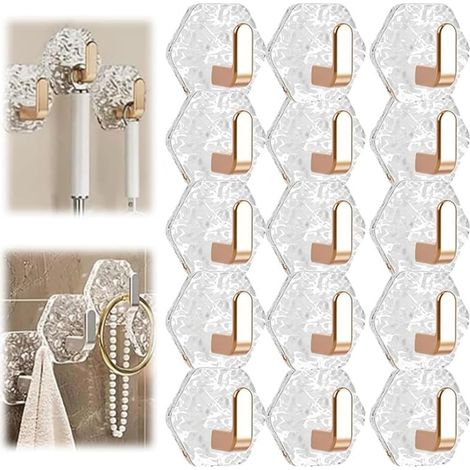 (Gold, 15 Stück) Sechseckige, selbstklebende Haken mit Wasserwellenmuster, ohne Bohren, für Bad und Küche, Wandmontage, für Handtücher, Schlüssel und als Dekoration (1/5)