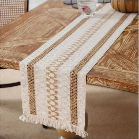 Chemin de table en coton et lin tressés, orné de pompons, pour mariage ou réception, 30 x 180 cm (1/5)