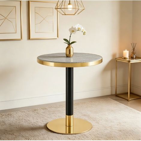 Runder Beistelltisch 60x60x73.7 cm grau aus MDF und Metall mit goldener Kante und stabilem Standfuß (1/3)