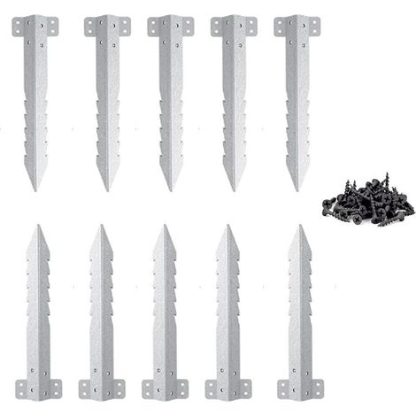 Lot de 10 Supports Traverses Chemin Fer Métal Robuste avec Vis, Poteau Clôture Jardin Design Dentelé, Piquets Robustes pour Murs Soutènement, Aménagement Paysager (1/5)