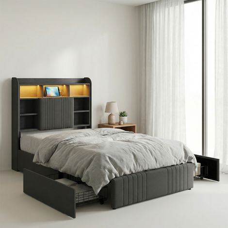 Letto per adulti 90x200, testiera con contenitore e illuminazione LED, 2 cassetti e porte di ricarica, struttura letto in lino e legno, stile moderno, Grigio