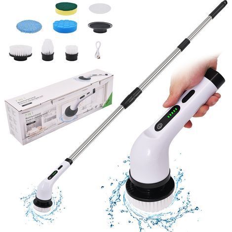 Electrique Nettoyage Rotative, Brosse de Nettoyage Electrique, sans Fil avec 7 Têtes Brosse, Remplaçables Poignée d'extension Réglable, pour Salle Bain Cuisine Electric Spin Scrubber (1/4)