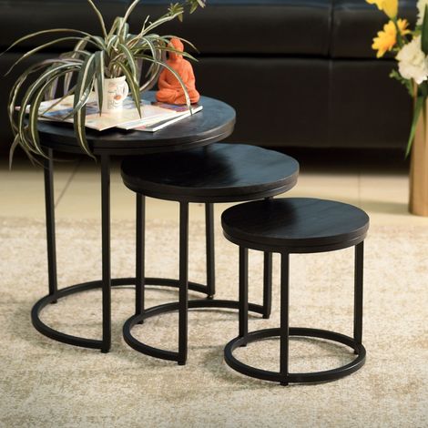 Lot de 3 tables d'appoint rondes en bois exotique noir - LALAURY
