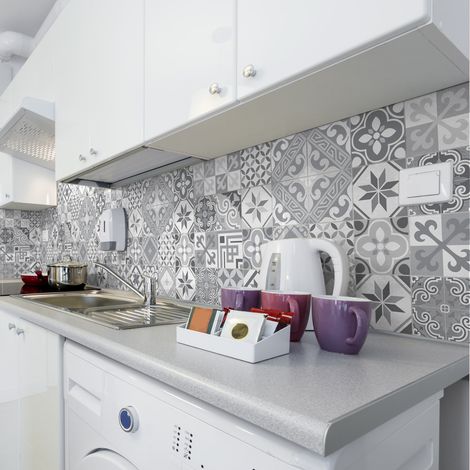 Sticker Mural Carrelage adhésif Cuisine Salle de Bain - 24 STICKERS CARREAUX DE CIMENT AZULEJOS MICALINA - 24stickers10x10cm (1/5)