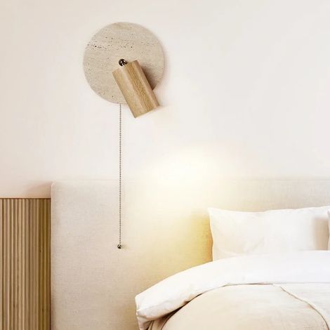 Applique murale d'intérieur en travertin (Lumière blanc froid) — Spot décoratif de chevet et lampe de lecture avec interrupteur à tirette (1/5)