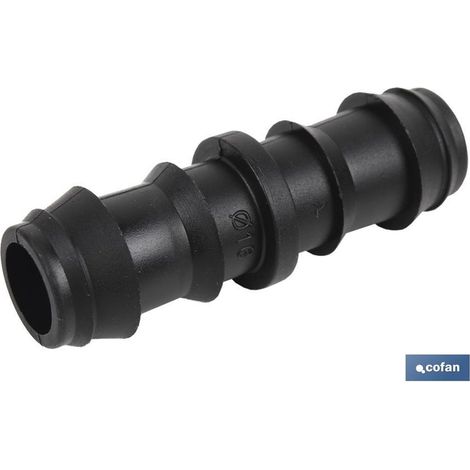 Conector recto para riego Ø16mm, fácil montaje sin herramientas, resistente y duradero.