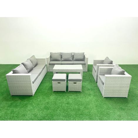 Fimous Outdoor Garden Furniture Rattan Sofa Set with 2 Armchairs Oblong Coffee Table 2 Small Footstools Light Grey Mixed (1/5)