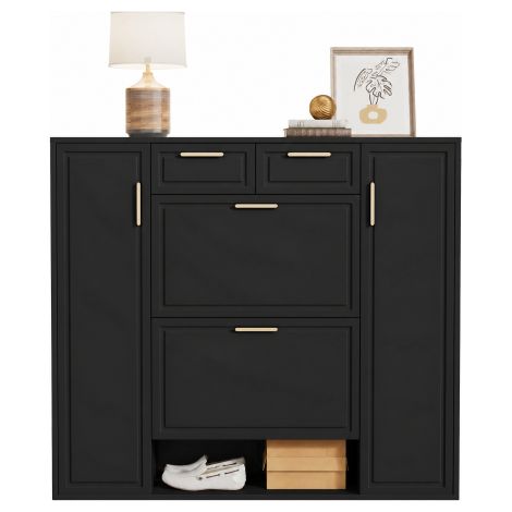 Armoire à chaussures noire combinée 2 abattants + 2 portes latérales + 2 tiroirs dimensions 120×24×107cm, adaptée pour entrée et couloir domestique (1/5)