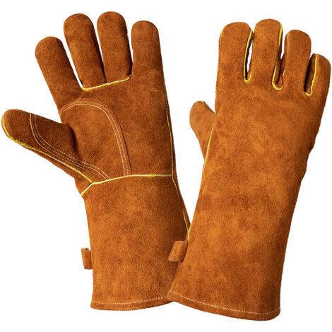 Gants de soudage résistants à la chaleur et au feu en cuir pour cheminée, barbecue, soudure, grill, four, poêle (1/5)