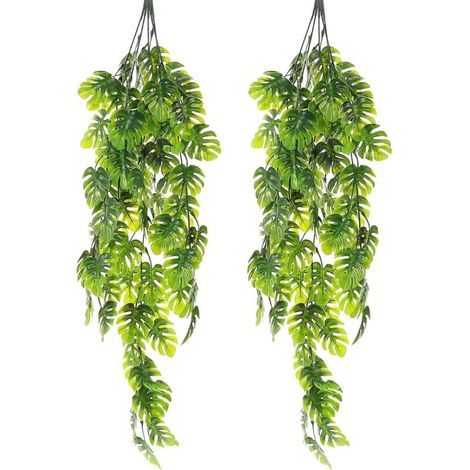Guirlande de Monstera artificielle en 2 pièces, décoration murale suspendue, imitation rotin, plante verte artificielle réaliste pour la maison, les fêtes, le jardin et la chambre. (1/4)