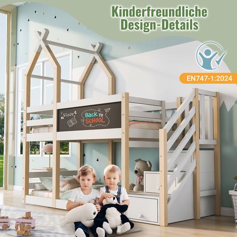 Lit superposé 90x200 cm, lit cabane enfant avec tableau ardoise, rangement intégré et barrière de sécurité, mezzanine bois pin naturel et blanc, 2 sommiers inclus, sans matelas (1/5)