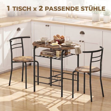 Ensemble de salle à manger 3 pièces, table de cuisine et chaises pour 2 personnes avec étagère, salon, aspect bois brun rustique (1/5)