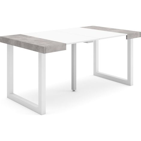 Skraut Home - Table console extensible, Console meuble, 160, Pour 8 personnes, Pieds bois massif, Style moderne, Blanc et Gris Ciment (1/5)