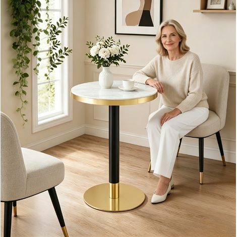Runder Couchtisch 60 cm in Marmoroptik mit Goldkante, Metallgestell schwarz/gold, weiß OKMYHOME (1/5)
