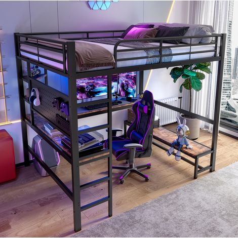 MEUBLIV Lit mezzanine 140x200 cm noir – bureau, LED, USB-C, sans matelas (1/5)