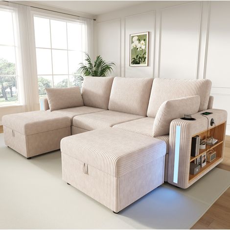 Modulares Sofa in U-/L-Form 190 x 130 x 85 cm aus Cord in Beige mit LED, Stauraum und USB (1/5)