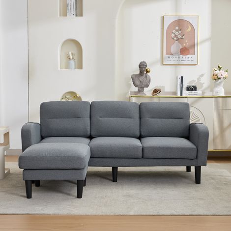 Canapé d'angle en L, 3 places avec méridienne, petit canapé d'angle, poche de rangement latérale, pieds de 10 pouces, idéal pour le salon, 204 x 136 x 80 cm, gris (1/4)