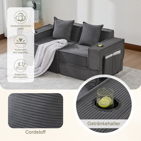 Canapé-lit 2 places tissu avec pouf rangement latéral porte-gobelets coussins