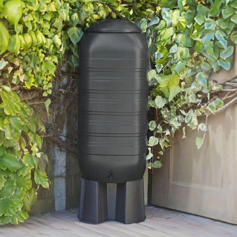 250L Slimline Water Butt With Tap & Lid with Stand and Diverter BLACK (1/5)